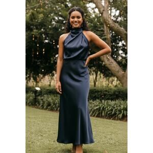 Petal & Pup Anabelle Halter Midi Dress XL Navy – Glam, Coquette, Minimalist